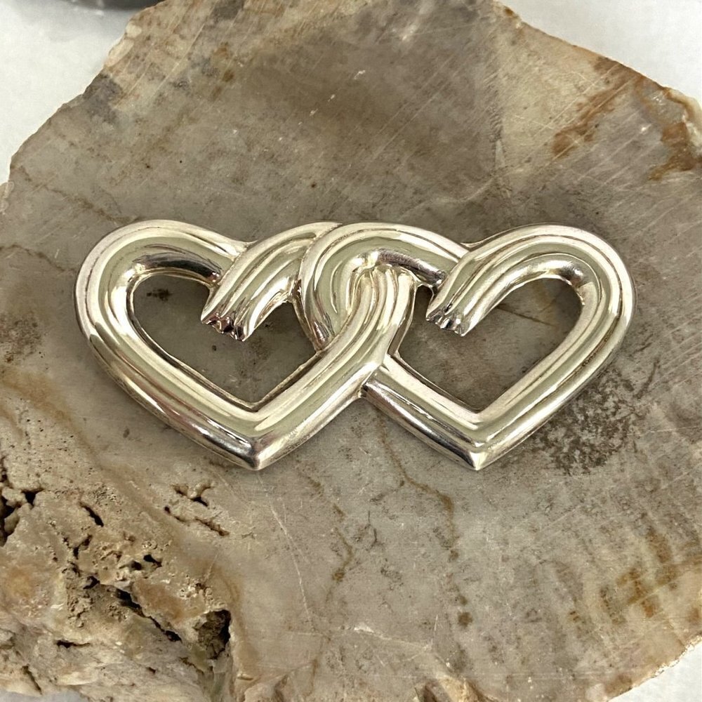 Sterling Silver 925 Mexico 2.82" Twisted Conjoined Double Open Heart Brooch 7g